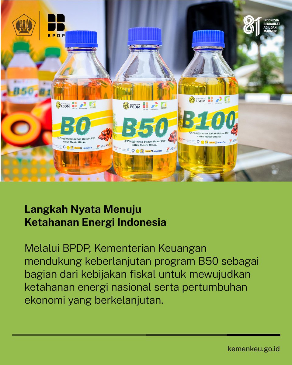 KemenkeuRI's tweet photo. Di balik implementasi B50, ada dukungan kebijakan fiskal agar program ini dapat berjalan optimal.

Melalui @bpdp_id, #UangKita turut mendukung keberlanjutan program B50 sebagai bagian dari upaya memperkuat ketahanan energi dan mendorong pertumbuhan ekonomi Indonesia. 

Karena setiap langkah menuju ketahanan energi hari ini adalah investasi bagi Indonesia yang lebih mandiri di masa depan. 🇮🇩