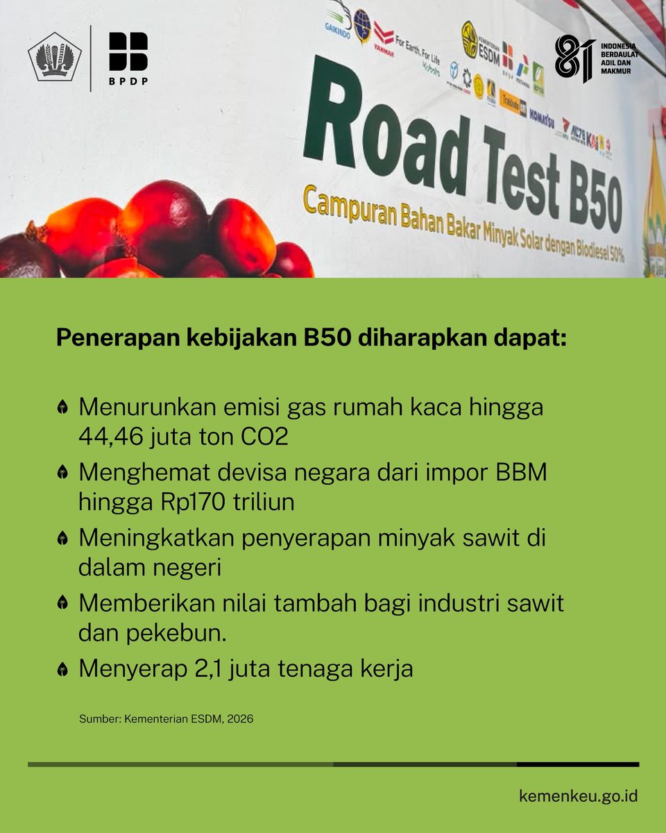 KemenkeuRI's tweet photo. Di balik implementasi B50, ada dukungan kebijakan fiskal agar program ini dapat berjalan optimal.

Melalui @bpdp_id, #UangKita turut mendukung keberlanjutan program B50 sebagai bagian dari upaya memperkuat ketahanan energi dan mendorong pertumbuhan ekonomi Indonesia. 

Karena setiap langkah menuju ketahanan energi hari ini adalah investasi bagi Indonesia yang lebih mandiri di masa depan. 🇮🇩