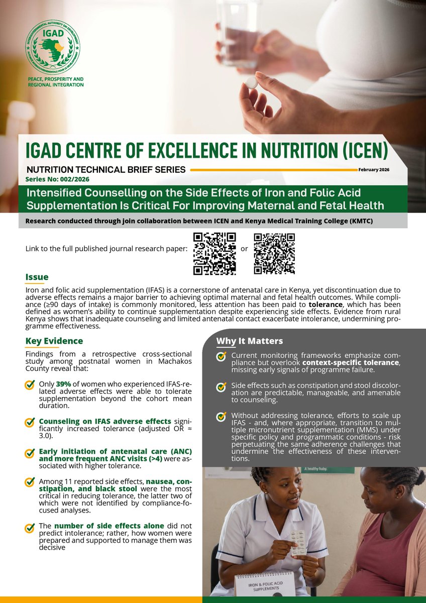 IGADHealthS's tweet photo. 📢 𝐍𝐞𝐰 𝐏𝐮𝐛𝐥𝐢𝐜𝐚𝐭𝐢𝐨𝐧 𝐀𝐥𝐞𝐫𝐭

New research findings by the IGAD Centre of Excellence in Nutrition (ICEN) in collaboration with Kenya Medical Training College (@Kmtc_official) shows that improving tolerance to iron & folic acid supplementation (#IFAS), is key to better maternal & fetal health. 

The findings have important policy and programme implications for strengthening ANC counselling, improving adherence, and enhancing maternal nutrition outcomes.

🔗 For more information see the ICEN Nutrition Technical Brief accompanying this X post and the links to the full journal research paper at: https://t.co/VlRrALym0G Or https://t.co/rVGqSUeoIW

𝐑𝐞𝐚𝐝 𝐭𝐡𝐞 𝐏𝐮𝐛𝐥𝐢𝐜𝐚𝐭𝐢𝐨𝐧 𝐁𝐫𝐢𝐞𝐟  👇

#IGADHealth