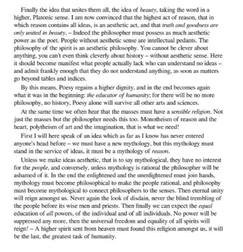 HaezyNights's tweet photo. Hölderlin on poetry, beauty and the highest act of reason:
The highest act of reason is an aesthetic act. Truth and goodness are only united in beauty. The philosopher must possess as much aesthetic power as the poet. Poetry will once again become the educator of humanity. https://t.co/Ju9M1b9cyh