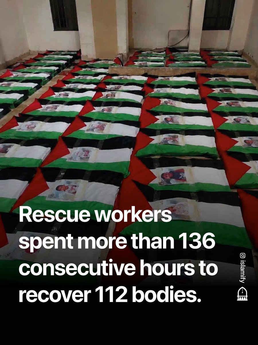 Alhamdhulillaah's tweet photo. One of the largest funerals in Palestinian history took place today as Palestinians in Gaza City laid to rest the remains of 112 members of the Abu Shariah and Hassayna families, nearly three years after they were killed in an Isr*eli airstrike on the Sabra neighbourhood.

The attack claimed the lives of 308 people, including women, children and people with disabilities. Rescue teams were unable to recover many of the bodies at the time because of fuel shortages, a lack of equipment and the scale of the destruction.

After extensive recovery efforts, the victims were identified and finally given a dignified burial. Almost 200 more victims of the same massacre are yet to be discovered and identified.

Thousands of others are still believed to remain trapped beneath the rubble across Gaza, as many families continue waiting for the remains of their loved ones to be recovered.
