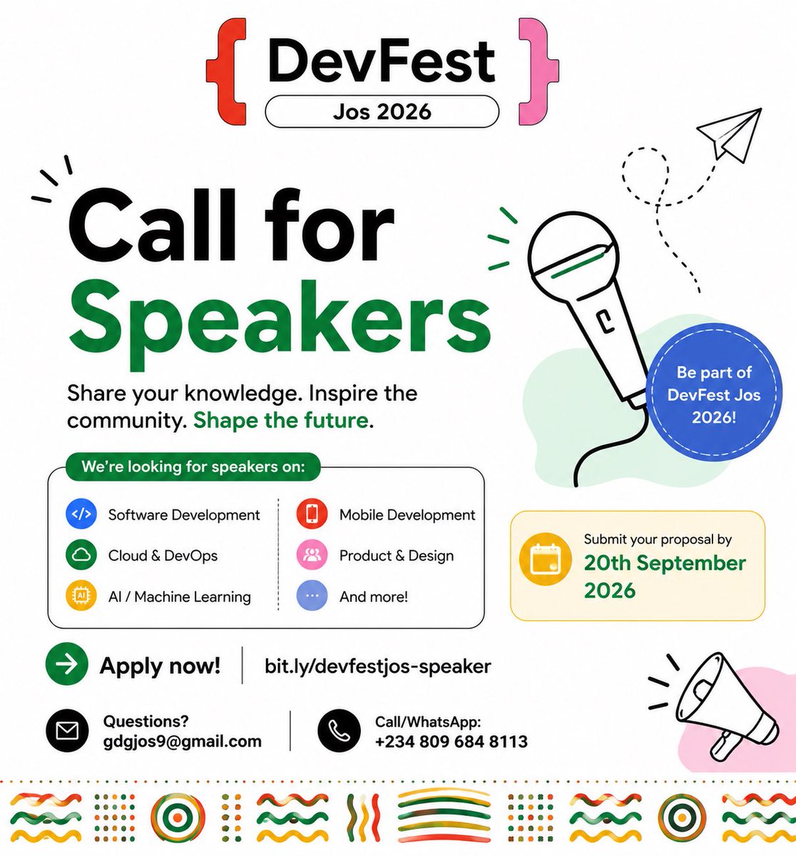 gdgjos2's tweet photo. The wait is over! 🎤

DevFest Jos 2026 is calling for speakers!

Do you have expertise in relevant tech stacks, tools, or emerging technologies? We want you on stage!

Submit your session:
https://t.co/mxv9vOij6i

#DevFestJos #GDGJos #DevFest2026 #GoogleDeveloperGroups https://t.co/wh6k6g0fay