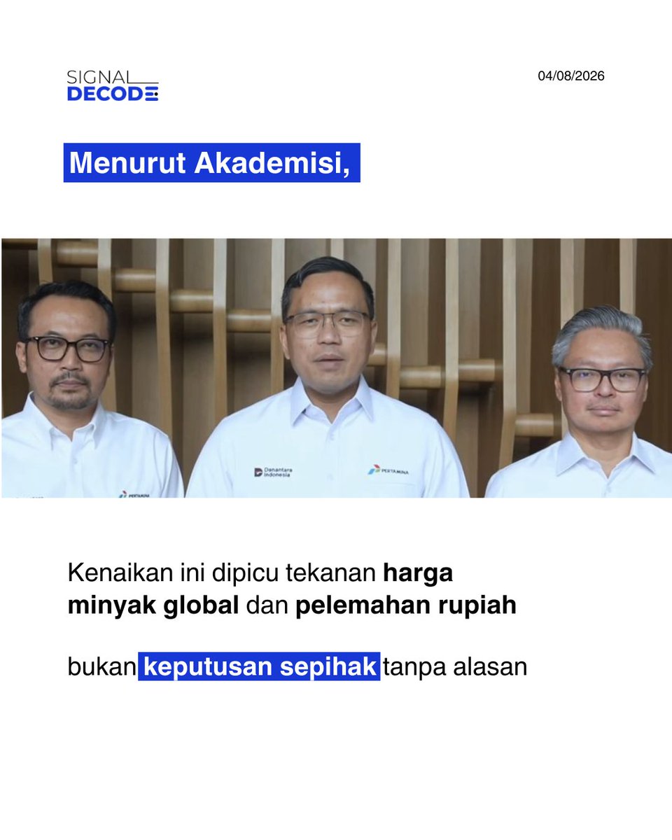 signal__decode's tweet photo. Pertamax Naik atau 'Disesuaikan'?
Satu kata bisa ubah cara kita mikir soal kebijakan. In bedah kecil soal framing "penyesuaian" vs "kenaikan" harga pertamax - bukan soal benar-salah, tapi soal cara nyampeinnya.
Follow @signal__decode.id buat bedah komunikasi lainnya. https://t.co/JlmJWqvhzs