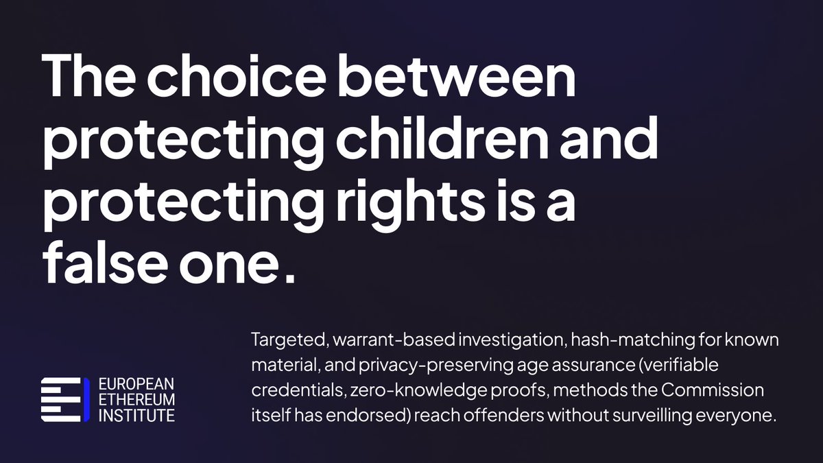 EuEthInstitute's tweet photo. Protecting children online is a goal we share without reservation. The method now on the table, scanning everyone's private messages, is where we disagree.

The CSA Regulation, known as Chat Control, proposes something the EU's own legal order has rejected before: the generalised, indiscriminate monitoring of private communications.

Our position is firm: the CSA Regulation must exclude any obligation to scan private communications, and any requirement, direct or indirect, to undermine encryption. A law that sacrifices the Charter does not secure the children it claims to protect, and it forfeits the EU's standing as a rights-based digital standard-setter.

This file returns to negotiations in the autumn, and we'll be following it closely.