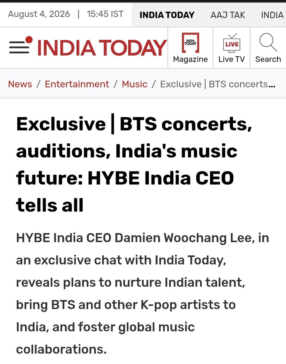 teamindiaforbts's tweet photo. 🚨 NEWS: HYBE INDIA CEO Damien Woochang Lee speaks on BTS concerts and Indian fans in an exclusive interview with India Today.

​"What felt different in India was the sense that fans have waited for a long time and many felt left out... My goal is to do everything within my power to bring HYBE closer to Indian fans and keep working until we deliver on those expectations."
​The entertainment giant behind global acts such as BTS is laying the foundation for its India business to bring artists to India and foster global music collaborations. 💜🇮🇳

https://t.co/aLOzqxAXr7