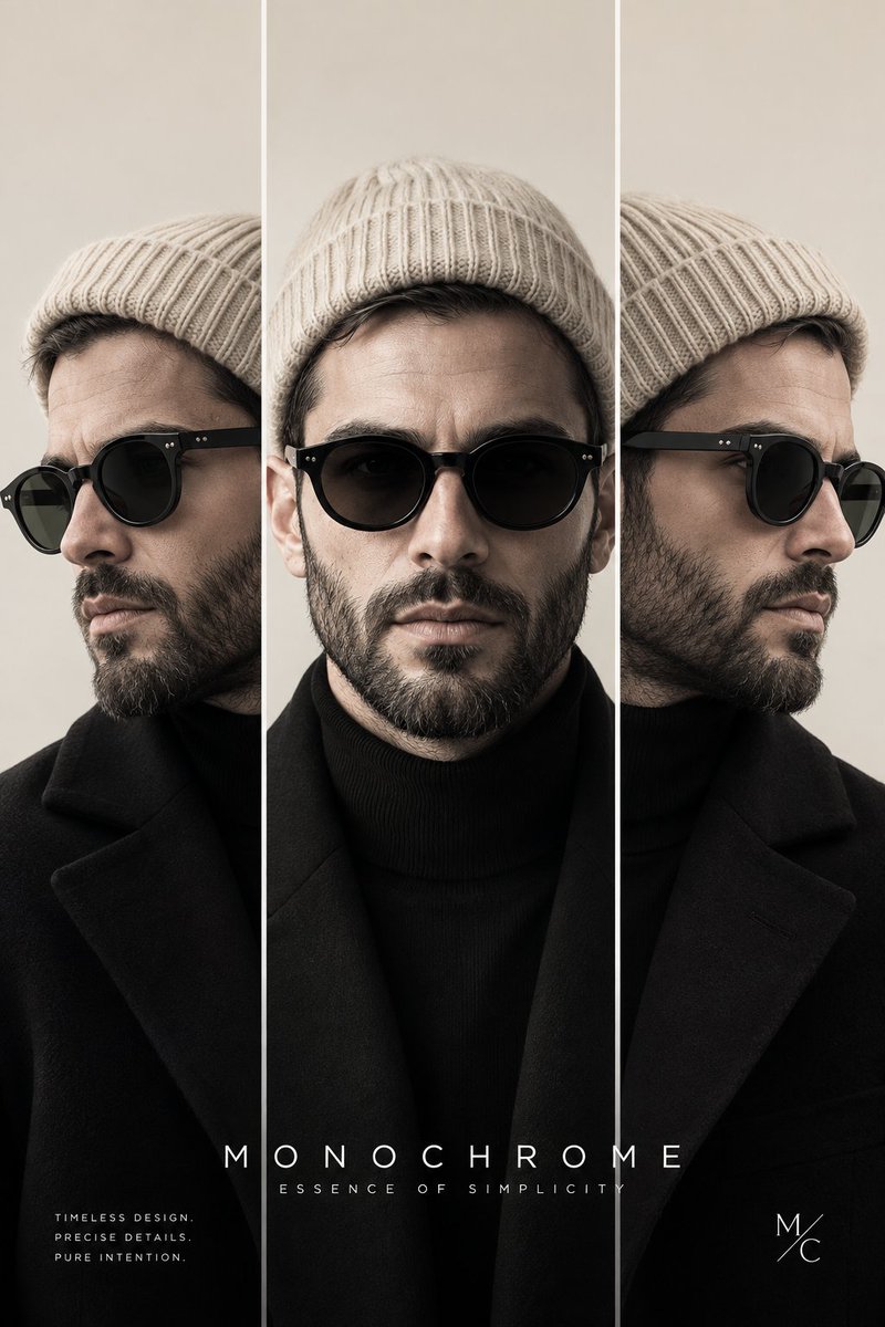 iamsofiaijaz's tweet photo. GPT image 2 on the Chatgpt 

Prompt 👇 

A high-fashion editorial portrait of the same young man with the same facial structure, detailed full beard, and black round sunglasses, wearing a cream ribbed knit beanie, black turtleneck, black minimalist tailored coat. Three vertical sliced panels showing left profile, front portrait, and right profile. Perfect facial consistency across all three views. Luxury branding aesthetic, minimalist Swiss graphic design, premium fashion campaign, clean geometric split composition, off-white background, muted beige and black color palette, soft diffused studio lighting, ultra-realistic skin texture, ultra-detailed beard, cinematic color grading, subtle shadows, premium magazine editorial, Vogue x COS