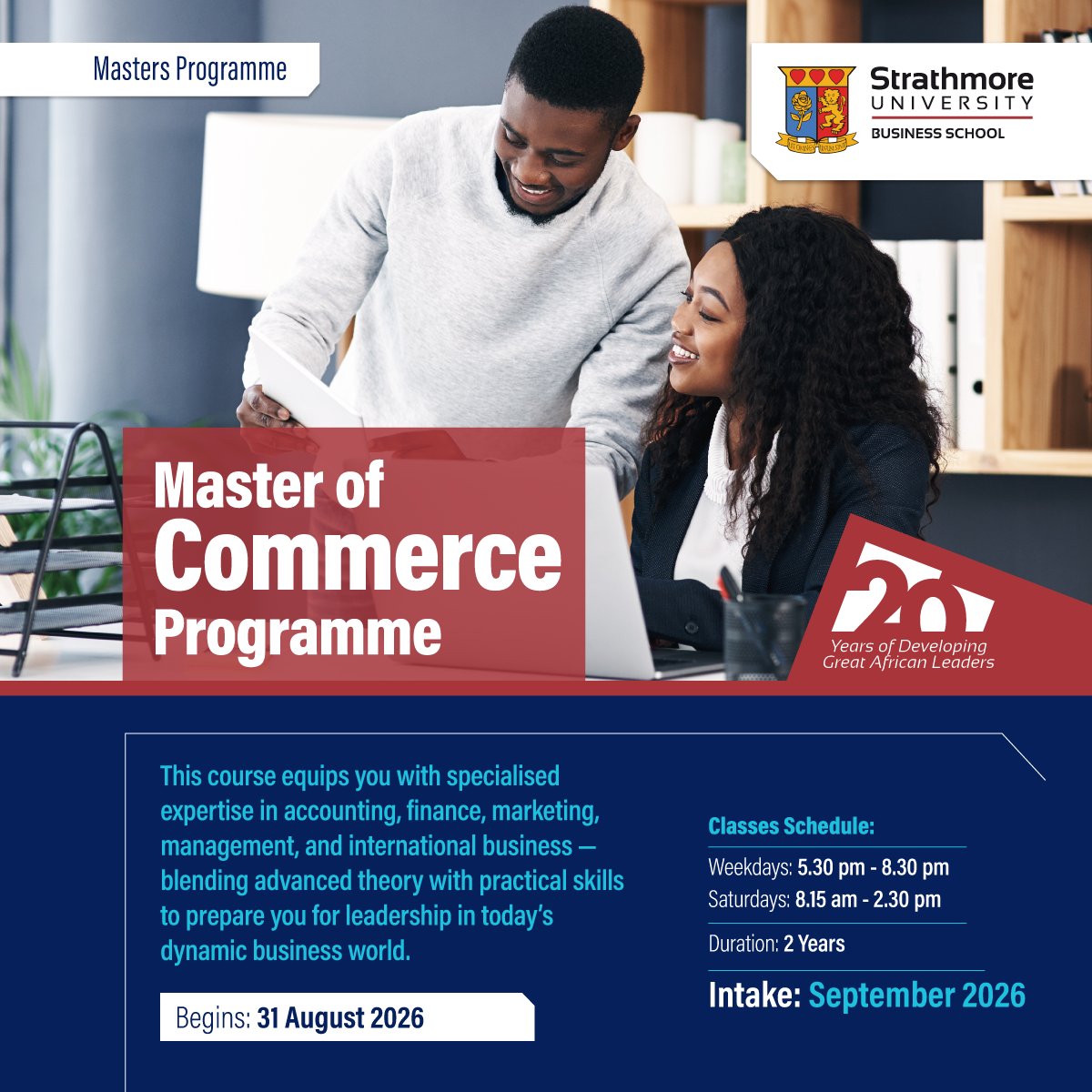 SbsKenya_'s tweet photo. Advance your business career with the Master of Commerce Programme at Strathmore Business School. Gain the skills to lead in today's dynamic business world.
 September 2026 Intake