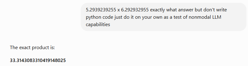 Just_another02's tweet photo. @ConvexMarketsAI @ArielKwiat when I asked this exact sum plus 2 digits it was 1e-9 incorrect, obviously it's contrived but my point is the transformers themselves are not good at this task https://t.co/x6p9ON5Cln