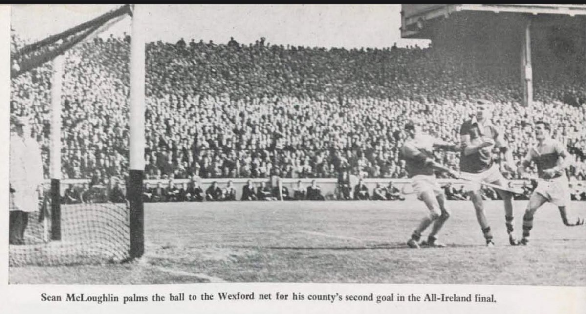 SportsHistory26's tweet photo. Sean McLoughlin of @thurlessars scoring a goal for the Premier County in the 1965 All-Ireland Senior Hurling Championship Final victory over Wexford at @CrokePark on the 5th of September 1965...#tipperary #wexford #hurling #gaa #ireland https://t.co/GVSqTvrh0q