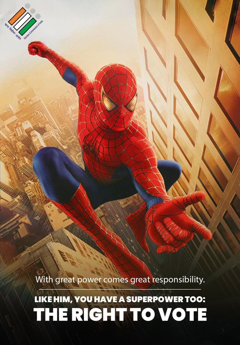 ECISVEEP's tweet photo. 'With great power comes great responsibility.'

You don't need a cape to make an impact; your right to [Voting] is your superpower! Pair that power with your right choice to shape the future.

Register, Verify or Update your details in Electoral Roll anytime at https://t.co/XabEj7sGYa or on the ECINet App