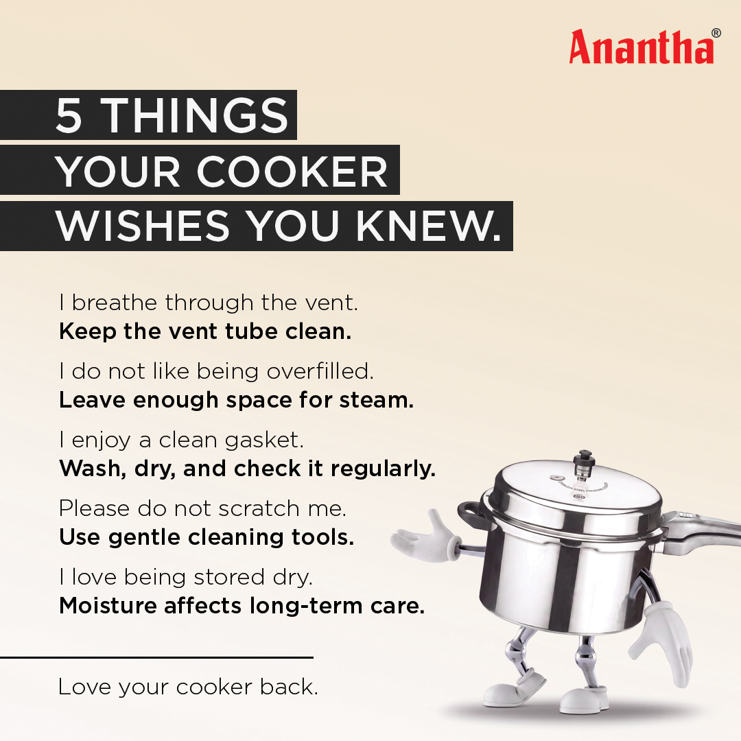ananthacooker's tweet photo. A few simple maintenance habits can keep your pressure cooker safe, efficient, and ready for everyday cooking.

Explore - https://t.co/9yZSlXWReq

#Anantha #Cookware #PressureCooker #Cooker #Kitchen #SmartCooking #HomeCooking #EverydayCooking #IndianKitchen https://t.co/vObQHguE7B
