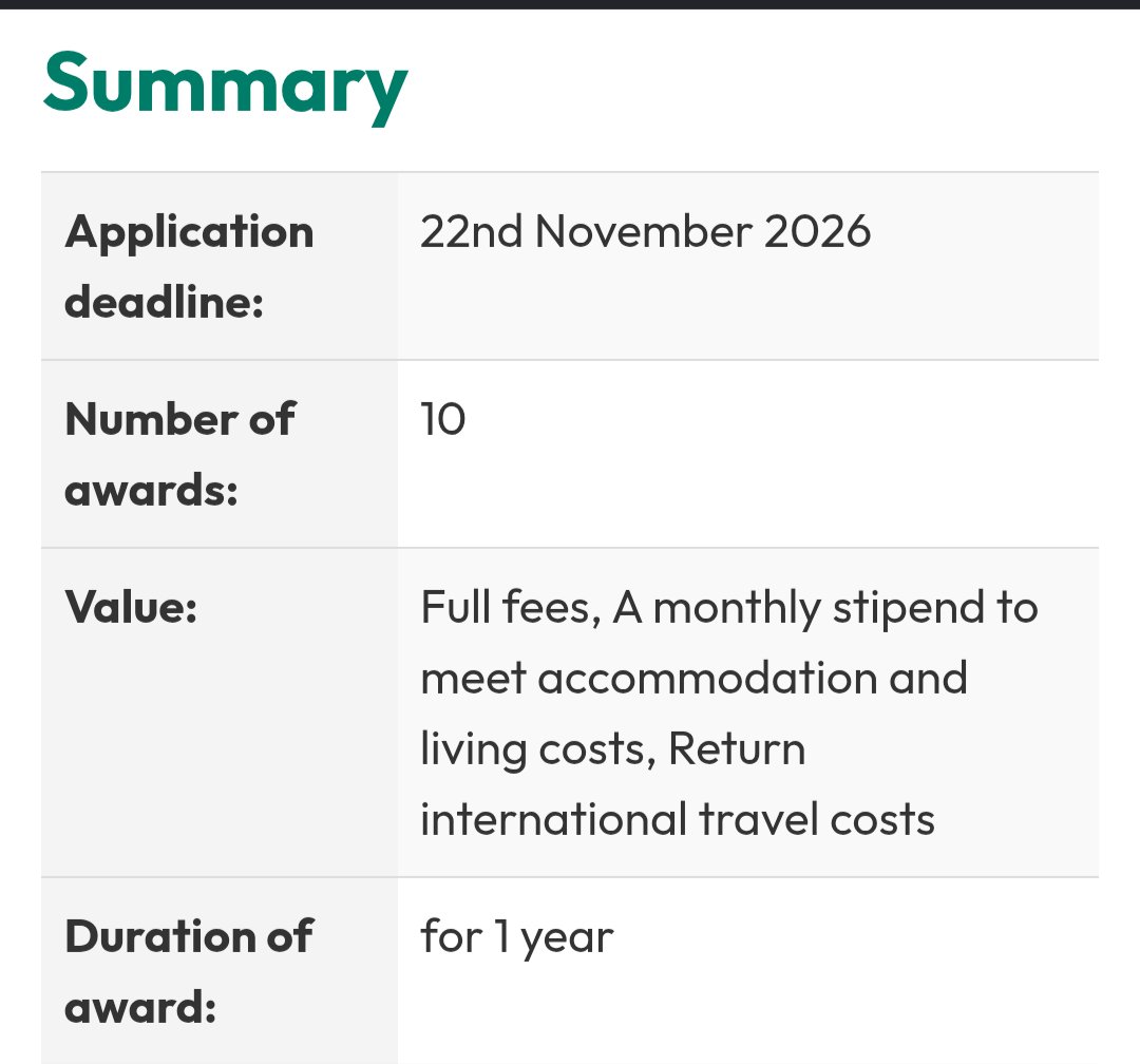 AgbogaVictor's tweet photo. There are many full scholarships in the UK, but many applicants don't know how to find them.

Here is a list of some lesser known fully funded UK scholarships, some even covering travel fees (most of them are annual, so you can prepare ahead): 

1. Allan and Nesta Ferguson Trust Scholarship - University of Birmingham https://t.co/fBeDjRK5mF

2. A.S. Hornby Educational Trust Scholarship | University of Exeter https://t.co/pt35zpEGke

3. The Sainsbury Laboratory | David Sainsbury International MSc… https://t.co/shSiyaa7Dl

4. The Bartlett Promise Sub-Saharan Africa Master’s Scholarship | UCL Bartlett Faculty of the Built Environment https://t.co/Cn6aFxR4HX

5. Allan and Nesta Ferguson Charitable Trust Scholarships | Manchester Metropolitan University https://t.co/IkKnHGM45D

6.  Scholarships for Global Health and Tropical Medicine | LSTM https://t.co/lnDzGLDNGl

7. Full MBA Scholarship https://t.co/b25c7B9Pjw

8. Spärck AI Scholarship | University of Southampton https://t.co/0Bh7UIOwp1

9. Spärck AI Scholarship | The University of Manchester https://t.co/IIikcx7RbJ

10. Spärck AI scholarship | Current students | University of Bristol https://t.co/6MzSCbViaG

More to come...
