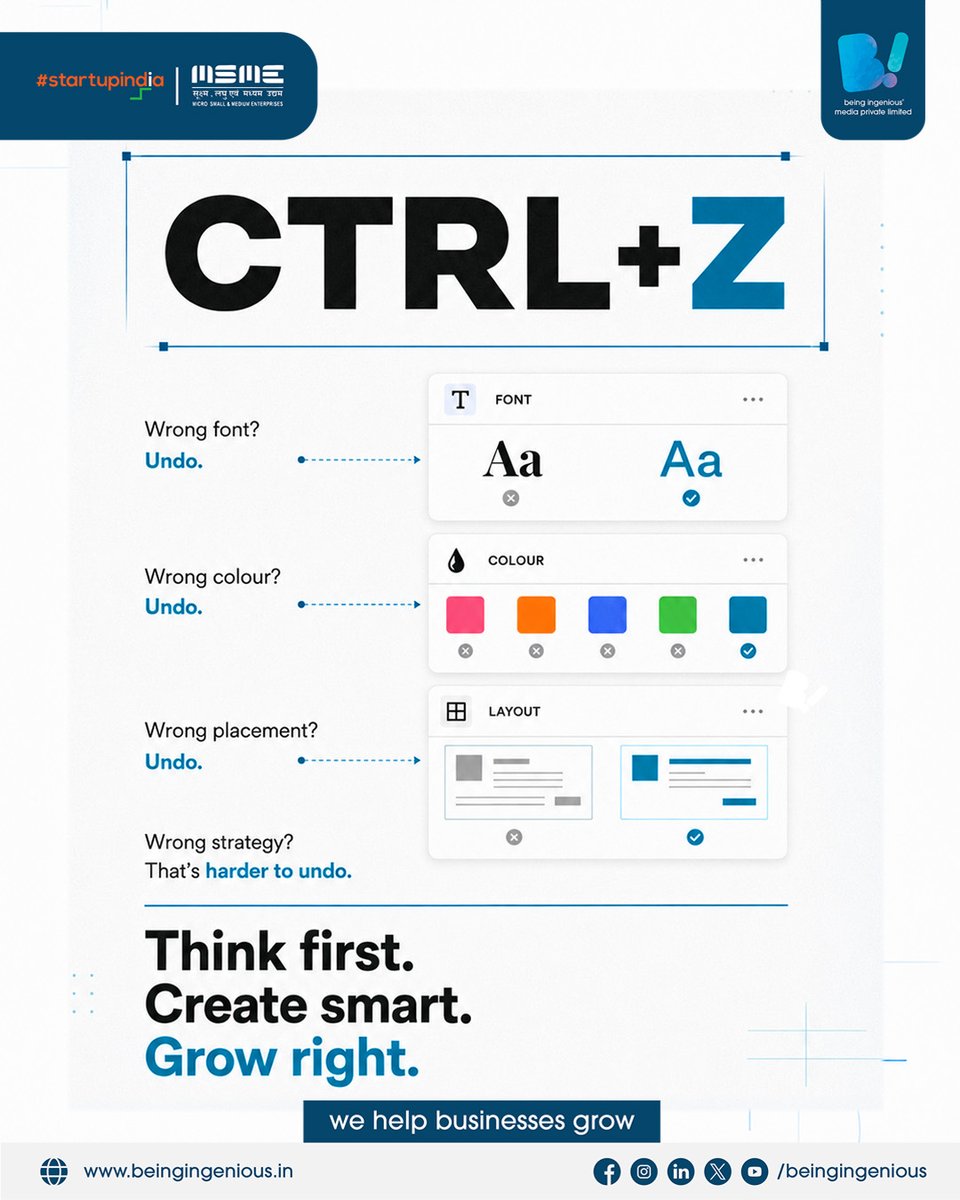 beingingenious_'s tweet photo. CTRL + Z can undo a design mistake.

It can't undo a poor marketing strategy.

Think first.
Create smart.
Grow right.
Build your brand with strategy, not guesswork.
🌐 https://t.co/TC7KDyS2Cg

#Marketing #Branding #BusinessGrowth #MSME #StartupIndia https://t.co/2Wp8WJqgVC
