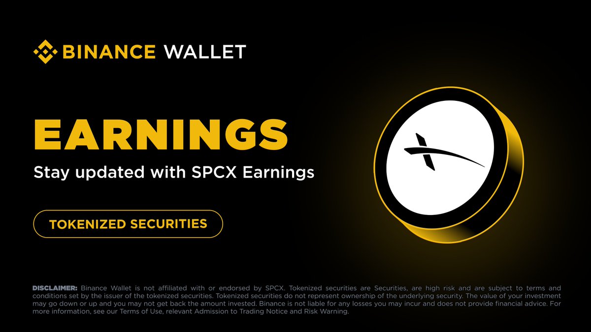BinanceWallet's tweet photo. 🔥 SPCX earnings are almost here. 

Market attention is heating up.

Trade $SPCXB / $SPCXon tokenized securities on Binance Wallet to get exposure ahead of the earnings move.

Available 24/7. No market hours. 📈 https://t.co/uMDCIQpJmZ