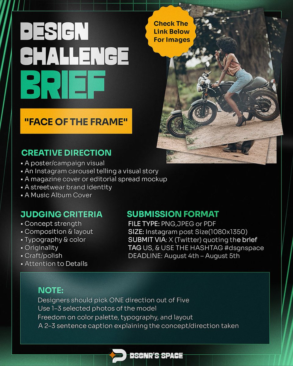 DSGNRs_Space's tweet photo. 🚨 The Design Challenge Brief is LIVE!
The wait is over!
📸 Images: https://t.co/JqgxFouY4a

💬 Join Designer’s Space: https://t.co/UFkoMfloCl

Submit your entry on X, quote the brief, tag us, and use #dsgnrspace. We can’t wait to see what you create! 🚀 https://t.co/yvjeZfRRCe