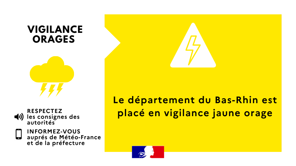 Image de Préfet de région Grand Est du Bas-Rhin - #VigilanceMétéo | Le #BasRhin est placé par Météo-France en vigilance jaune 🟡 #orages ce mardi 04 a