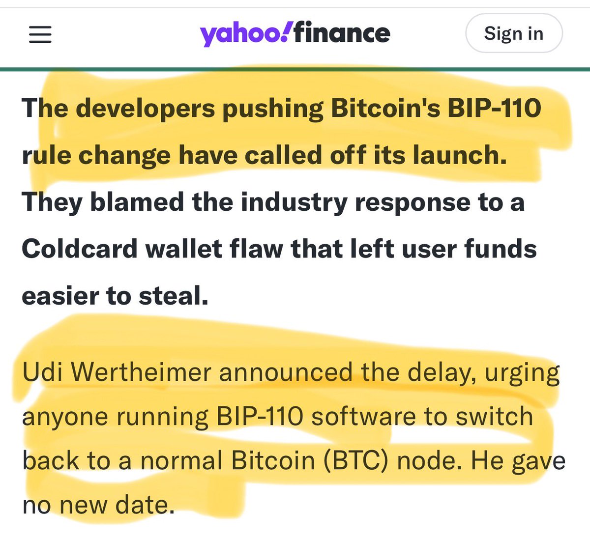 hodlonaut's tweet photo. MSM reporting that BIP-110 is “called off”.

The source? @udiWertheimer 

Remember, this is supposedly a nothingburger and they are not worried about it at all. That’s why Saylor and Andy posts hysterically about how bad and stupid it is.

And why MSM runs stories like this.

Such nothingburger..