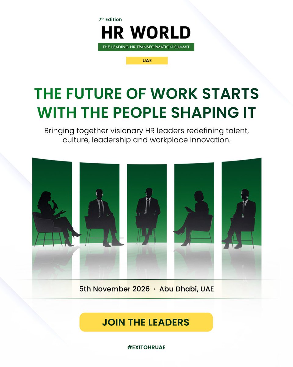 ExitoEvents's tweet photo. The next era of work begins in Abu Dhabi. 🇦🇪

The 7th Edition of HR World Summit UAE brings together 200+ HR leaders, 20+ visionary speakers, and the brightest minds shaping AI, leadership, talent, culture, and the future of work.

📅 5 Nov 2026 | 📍 Abu Dhabi

Register today! https://t.co/Sv1QjDNrpn