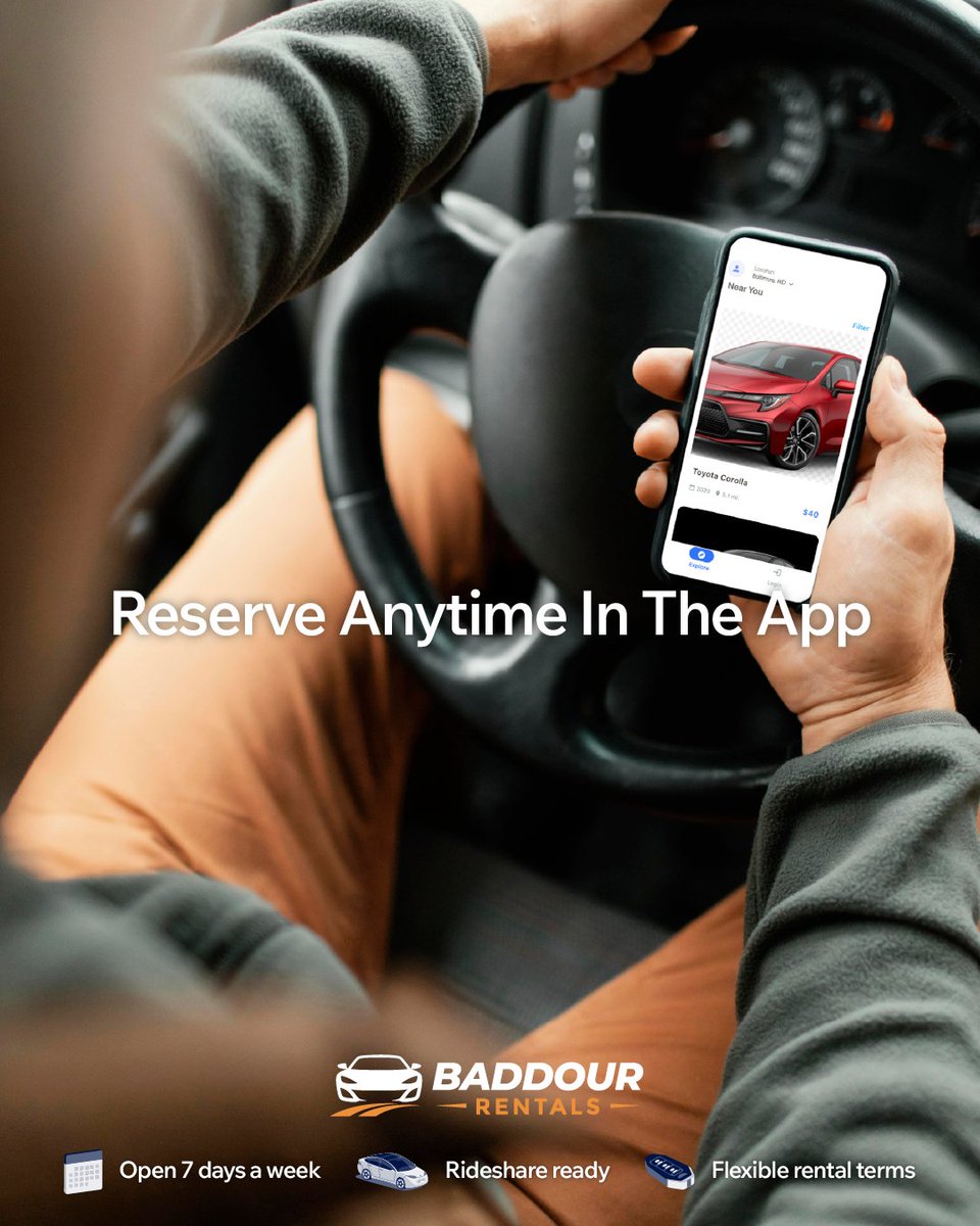 BaddourMichael's tweet photo. Baddour’s mobile reservation system is built for drivers who need flexibility. Create your account, browse available vehicles by pickup location, and reserve the car that helps you get back to earning.

Download the app — Link in Bio

#CarRentalApp #GigWorker #RideshareLife https://t.co/LPpWTavdzv