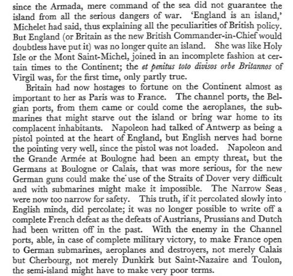 GlassPalestine's tweet photo. D.W. Brogan contends that Britain ceased to be a thalassocracy during WW1, with military technology advancing to such a degree that the English channel was no longer a moat that isolated Britain from continental affairs. Conscription and total war cemented this change. https://t.co/Sz9jTf8JoL