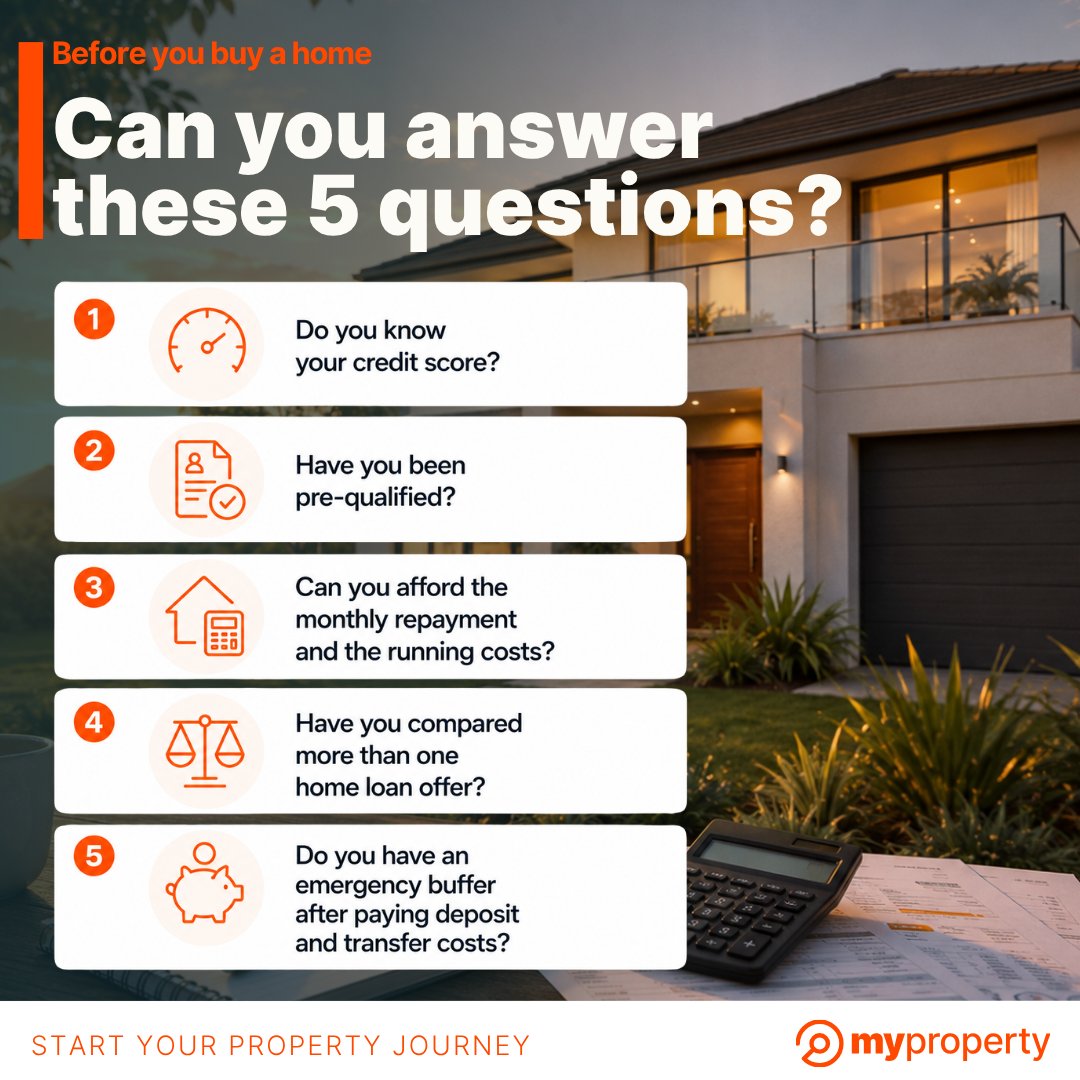 MyPropertySA's tweet photo. Buying a home takes more than finding the right property. 🏡

Before making an offer, make sure you can answer these 5 questions.

Explore our home loan tools: https://t.co/zFlMhx9PNG

#HomeBuying #HomeLoans #FirstTimeBuyer https://t.co/f5D6NaWX0S