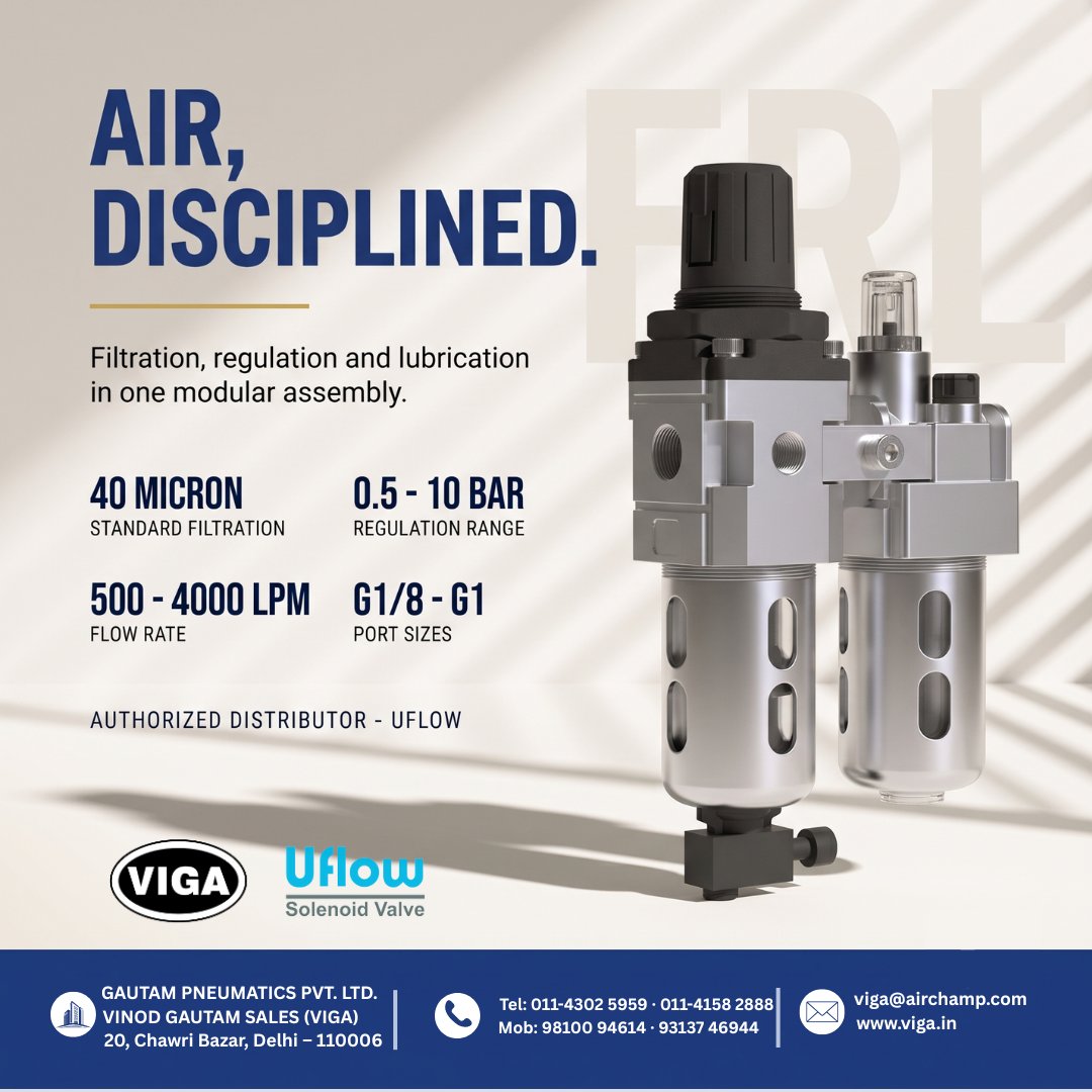 vigadotin's tweet photo. Filter. Regulate. Lubricate.
Uflow FRL Modular โ 40 micron standard, 0.5โ10 bar, G1/8 to G1.
Ex-stock Delhi.
VIGA ยท Authorized Distributor for Uflow
https://t.co/MQBkVeH2qD
#Pneumatics #CompressedAir #Pneumatics #FRLUnit #DelhiNCR #IndustrialSupplies #Uflow #Viga #Maintenance https://t.co/5w2nafQZvW