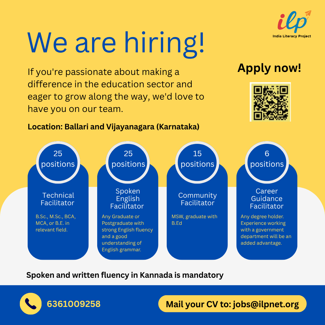 IndiaLiteracyPr's tweet photo. If you are looking to build a meaningful career in the education and development sector, here is an opportunity to make a real difference. If you fit the requirements mentioned in the image, send your CV to 𝗷𝗼𝗯𝘀@𝗶𝗹𝗽𝗻𝗲𝘁.𝗼𝗿𝗴 or click on the QR code to apply. https://t.co/LH9rhBSKfp