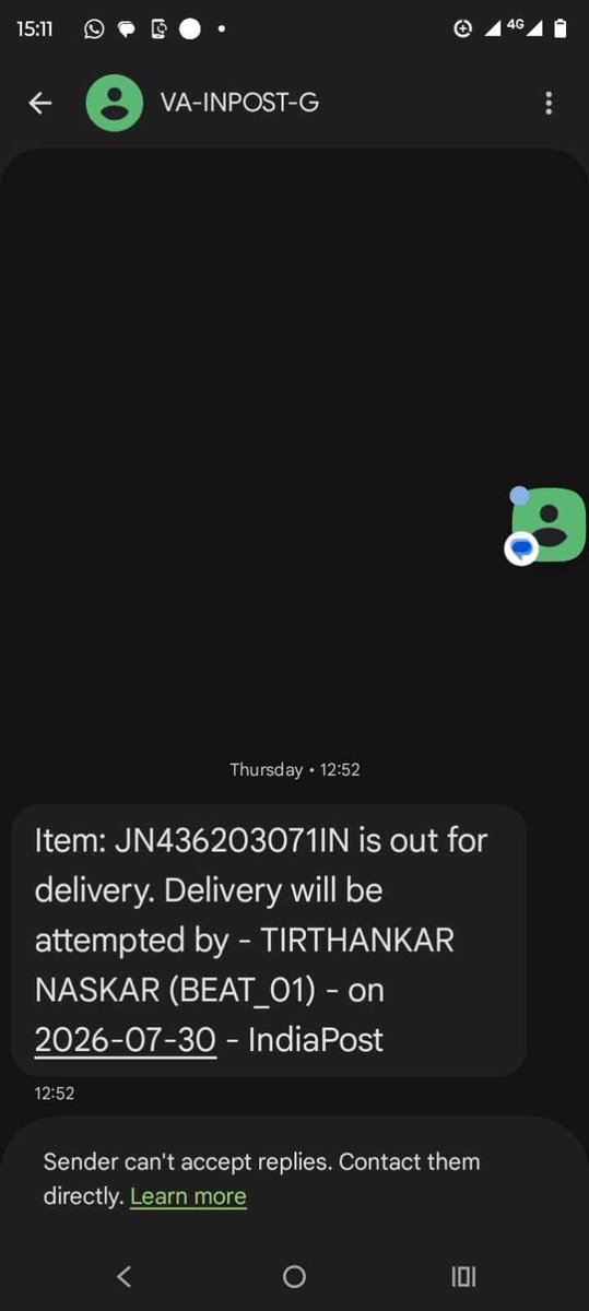 itdivmondal's tweet photo. Urgent: GDS Tirthankar Naskar (Beat-1, Maheshtala SO) skips delivery, never contacts recipient, and JN436203071IN was falsely marked delivered. Kindly investigate immediately and take strict disciplinary action @IndiaPostOffice @SBPostalRegion @wbpostalcircle  @pib_comm https://t.co/HcrasOI4aH