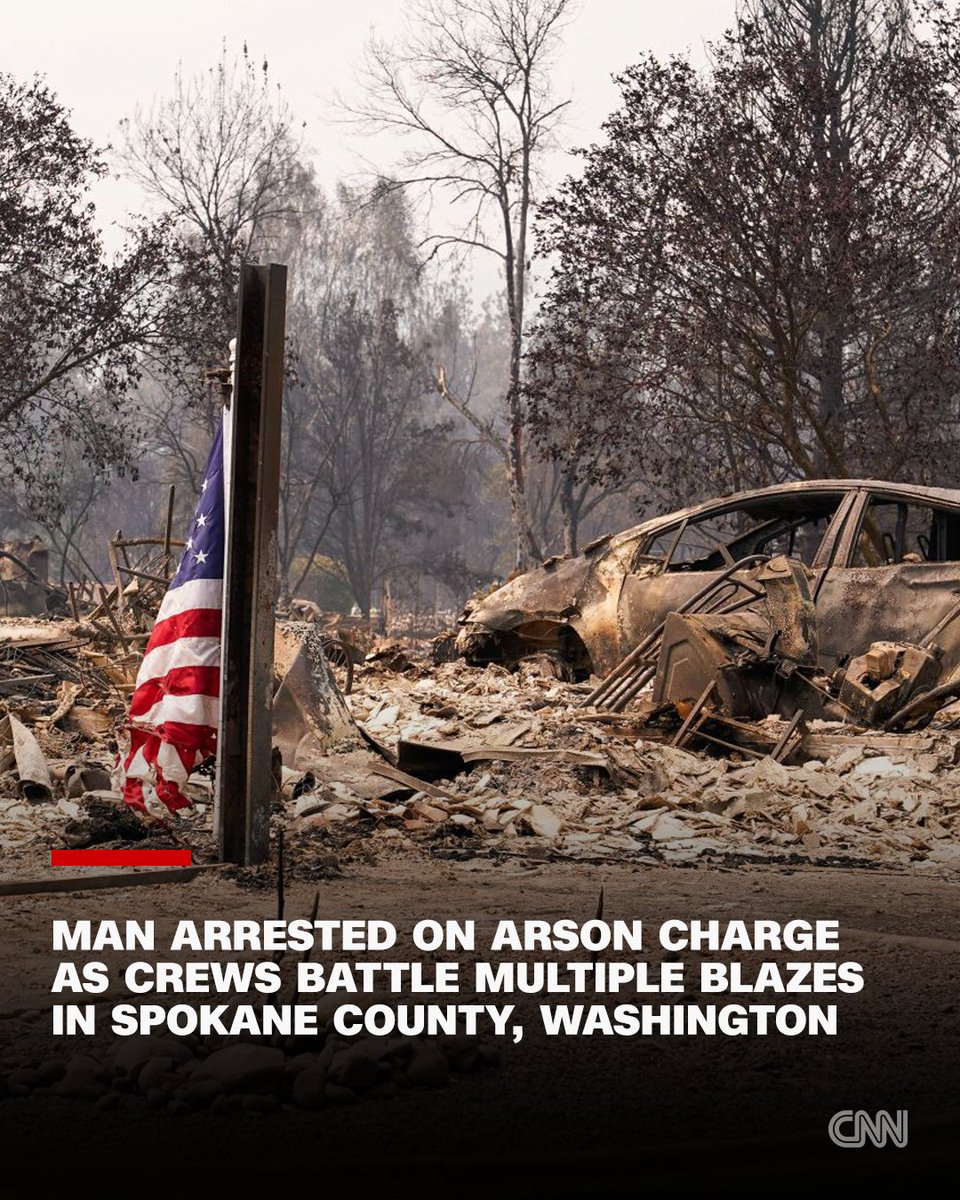 CNN's tweet photo. A man has been charged with first-degree arson in connection with one of the wildfires tearing through eastern Washington, Spokane County Sheriff John Nowels said, as firefighters battle to contain blazes that have left a trail of destruction across the region. 

Here's what we know. https://t.co/H6NlANl9MT