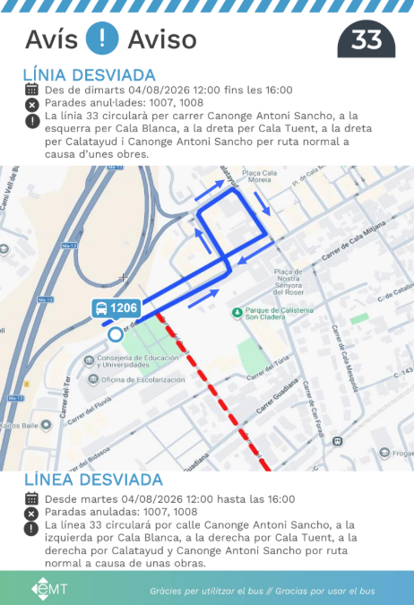 EMT_Palma's tweet photo. #AvisosEMT Avui 04/08 (12:00-16:00h) les línies 10 i 33 circulen desviades per obres. Parades anul·lades: 1007, 1008. Consulta els detalls!
-
Hoy 04/08 (12:00-16:00h) las líneas 10 y 33 circulan desviadas por obras. Paradas anuladas: 1007, 1008. ¡Consulta los detalles! https://t.co/rQBzyUFN7M