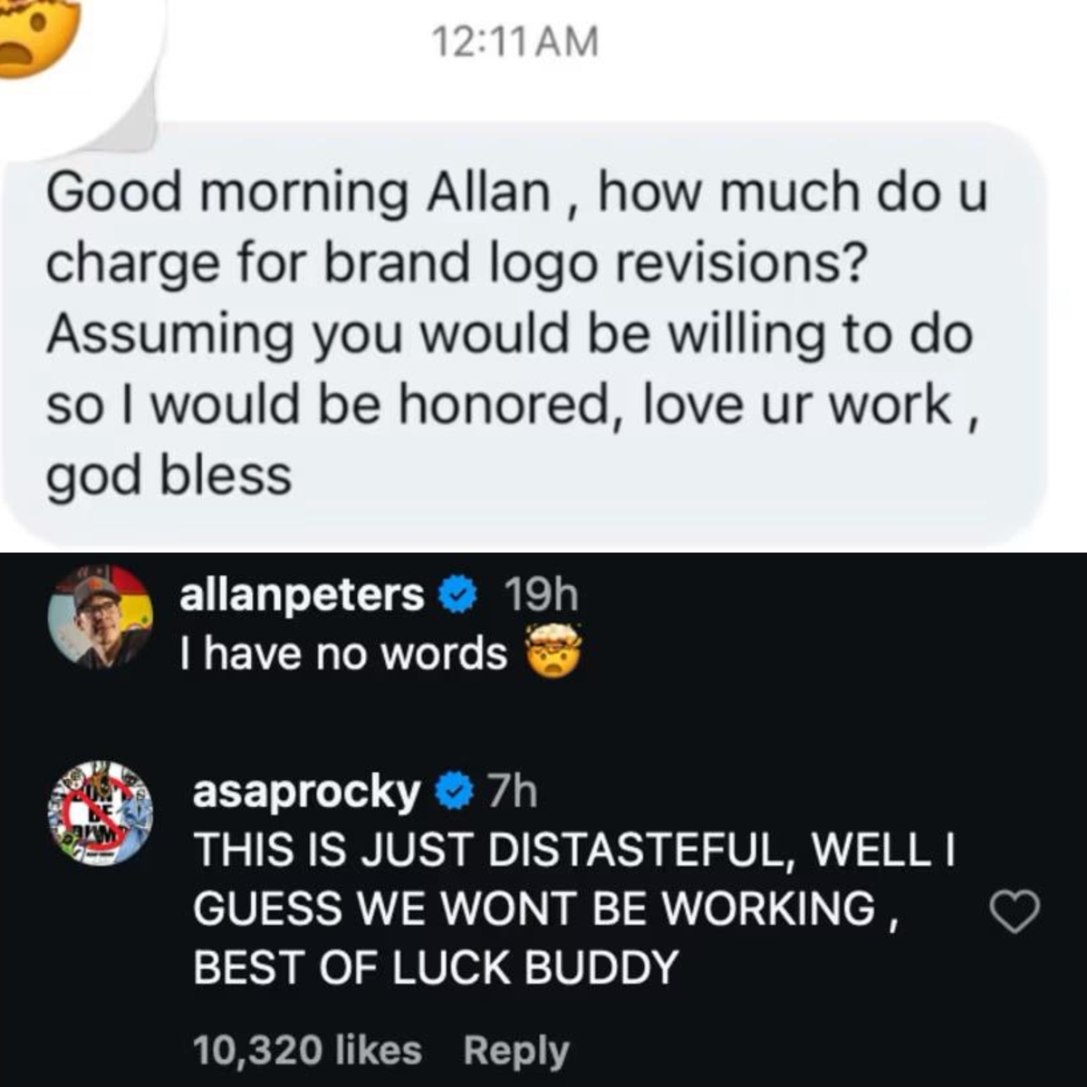 Dexerto's tweet photo. A$AP Rocky called off plans to work with a graphic designer after they shared their private Instagram DM

The rapper said the logo maker Allan Peters was "distasteful" https://t.co/7t4h6vOCoh