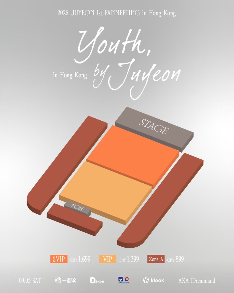 deobimom's tweet photo. #JUYEON #주연 'Youth by Juyeon' in HONG KONG

date: September 5, 2026 

ticket sales: august 6th 12pm - august 16th 11:59pm (beijing time)

tiers and benefits:

- SVIP (CNY 1,699)

1 v 5 group photo (50 people)
1 v 10 group photo (100 people)
signed polaroid (15 people / random)
signed photocard (15 people / random)
selfie photocard (ALL - 5 per set)
signed poster (100 people / random)
official poster (ALL)
passing photo time props - collected in advance before the event starts (ALL)
fan letters (ALL)
hi touch (ALL)

- VIP (CNY 1,399)

1 v 10 group photo (70 people)
signed polaroid (10 people / random)
signed photocard (10 people / random)
selfie photocard (ALL - 5 per set)
signed poster (30 people / random)
official poster (ALL)
passing photo time props - collected in advance before the event starts (ALL)
fan letters (ALL)
hi touch (ALL)

- Zone A (CNY 899)

1 v 10 group photo (30 people)
signed polaroid (5 people / random)
signed photocard (5 people / random)
selfie photocard (ALL - 3 per set)
signed poster (20 people / random)
official poster (ALL)
passing photo time props - collected in advance before the event starts (ALL)
fan letters (ALL)
hi touch (ALL)