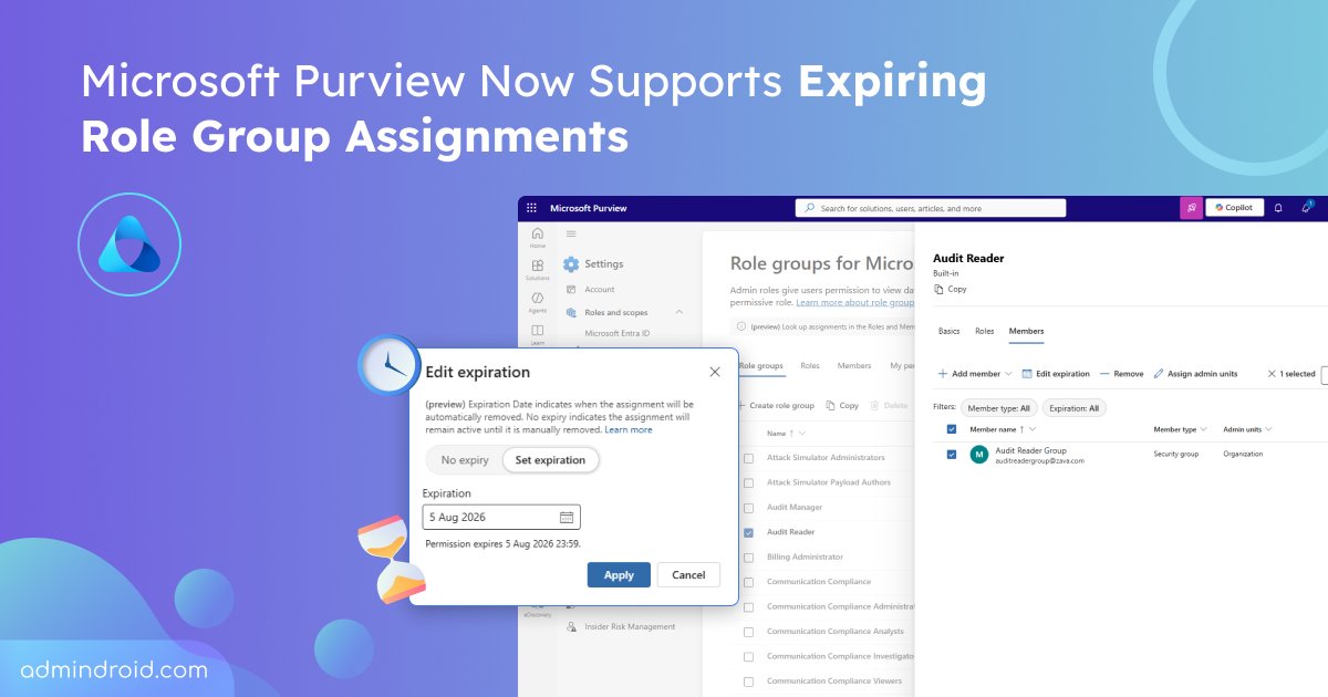 AdmiinDroid's tweet photo. Still using #Entra PIM for Groups to make Purview access temporary?
#MicrosoftPurview now supports expiration dates for role group assignments and removes them automatically when they expire.
Check here for steps: https://t.co/cvRzyrb3Zd
#AdminDroid https://t.co/ByszkDzLCv