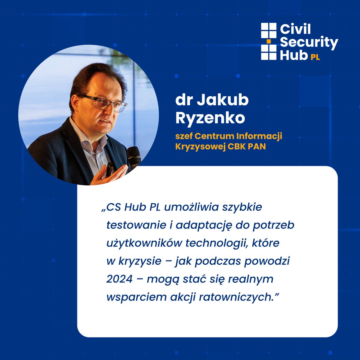 CSHub_PL's tweet photo. Jednym z celów #cshubpl jest skrócenie drogi od technologii do jej zastosowania.

Dr @JakubRyzenko podkreśla, jak kluczowe jest szybkie testowanie i dostosowanie rozwiązań do realnych potrzeb #zarzadzaniekryzysowe. https://t.co/URnHm83Kdi