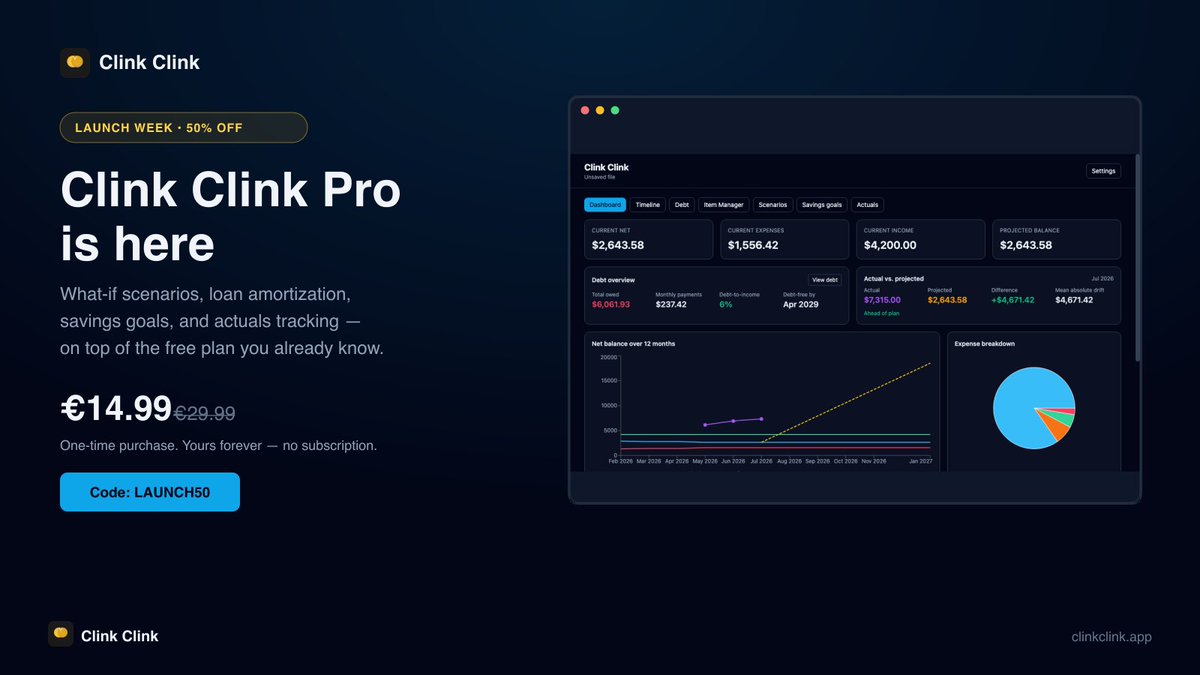 quackbyte's tweet photo. Clink Clink Pro is here 🪙

Plan your money before it happens; now with what-if scenarios, amortization schedules, savings goals, and actuals tracking.

Launch week: 50% off with LAUNCH50 → €14.99, one-time, yours forever.

https://t.co/5w89aRlMYn

#PersonalFinance #BudgetingApp