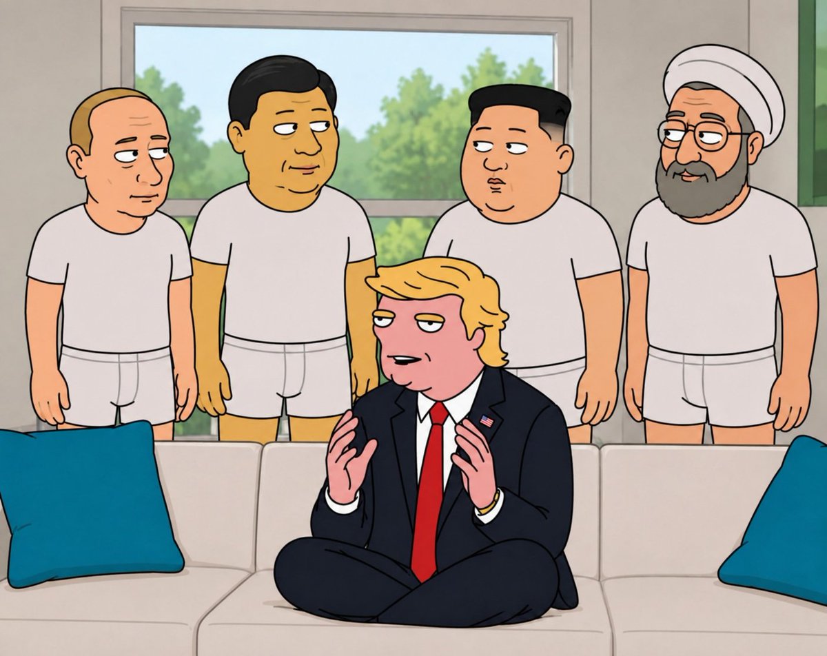 tronalddumprh's tweet photo. Look at these four “strongmen” standing behind me in their underwear.

Russia is still stuck in a meat grinder of its own making.
China keeps talking tough about Taiwan while quietly buying time.
North Korea fires missiles for the cameras and then begs for food.
Iran keeps threatening the world while its currency and influence collapse.

Meanwhile I’m sitting here fully dressed, legs crossed, explaining reality.

The war so far has exposed one simple truth: When the pressure is real, only one side still has clothes on.

Make America Great Again.
The rest can keep their white t-shirts.