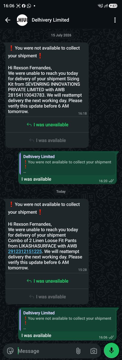 FernandesRexson's tweet photo. @help_delhivery As I had earlier told, this serves as another instance of a failed delivery attempt. I did not receive any prior call, only a direct message indicating a delivery failure. This is quite unsatisfactory. wonder when it will achieve a professional standard https://t.co/Hy8UeHbHz6