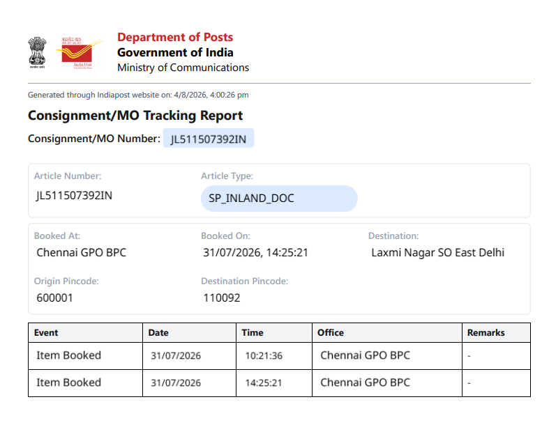 wisdomwide10's tweet photo. @IndiaPostOffice 

The article was booked on 31st July 26 from GPO Chennai. Even after 5 days the status not updated.  GOI may see why the status not updated in 5 days. Update delivery status https://t.co/yMv2NXqkz0