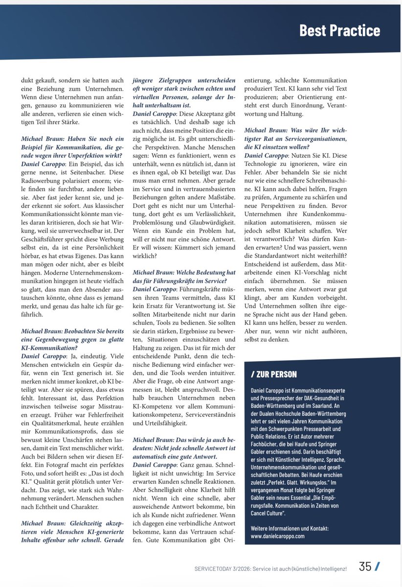 CaroppoDaniel's tweet photo. KI macht Texte perfekt. Vertrauen entsteht trotzdem woanders.
Im Interview mit #ServiceToday erkläre ich, warum Urteilsfähigkeit wichtiger ist als Prompt Engineering und weshalb Haltung am Ende mehr zählt als perfekte Formulierungen.
#KI #Kommunikation #Leadership https://t.co/XiqpIICwzJ