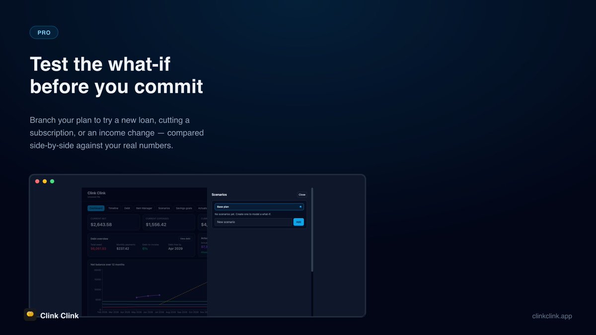 quackbyte's tweet photo. Test the what-if before you commit 🔀

Branch your plan to try a new loan, cut a subscription, or change your income — compared side-by-side against your real numbers, without touching your actual plan.

https://t.co/92WI4cVGUv

#FinTech #MoneyManagement #BuildInPublic https://t.co/LqiX52cYH1
