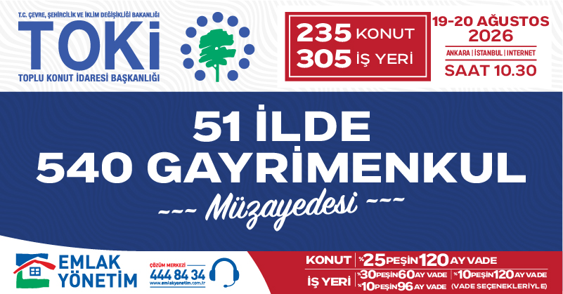 emlak_muzayede's tweet photo. TOKİ Güvencesiyle 51 İLDE 540 GAYRİMENKUL MÜZAYEDESİ

Müzayede: 19-20 Ağustos 2026 – Saat 10.30
Yatırım fırsatlarını kaçırmayın! Farklı niteliklerdeki işyerleri ve konutlar, avantajlı ödeme seçenekleriyle yeni sahiplerini bekliyor.
 
235 Konut
305 İşyeri

💠Ödeme Koşulları
Her bir lotun ödeme planı ayrı belirlenmiş olup;
✔️İş yerleri için ilgili lot bazında %30 peşin 60 ay, %10 peşin 96 ay veya %10 peşin 120 ay vade
✔️Konutlar için ise %25 peşin 120 ay vade koşulu uygulanacaktır.

Fiziksel olarak veya online olarak katılım sağlanabilir.

İstanbul: TOKİ Hizmet Binası Konferans Salonu – Küçükçekmece
Ankara: İlbank Sosyal Tesisleri Macunköy (Yenimahalle/Ankara)
Online katılım: https://t.co/ejvgSWS1tT

Detaylar ve katılım bilgileri için profilimizdeki bağlantıyı ziyaret edebilirsiniz.

#kesfet #gayrimenkul #istanbul #keşfet #türkiye #emlakyönetimi #emlakmuzayede