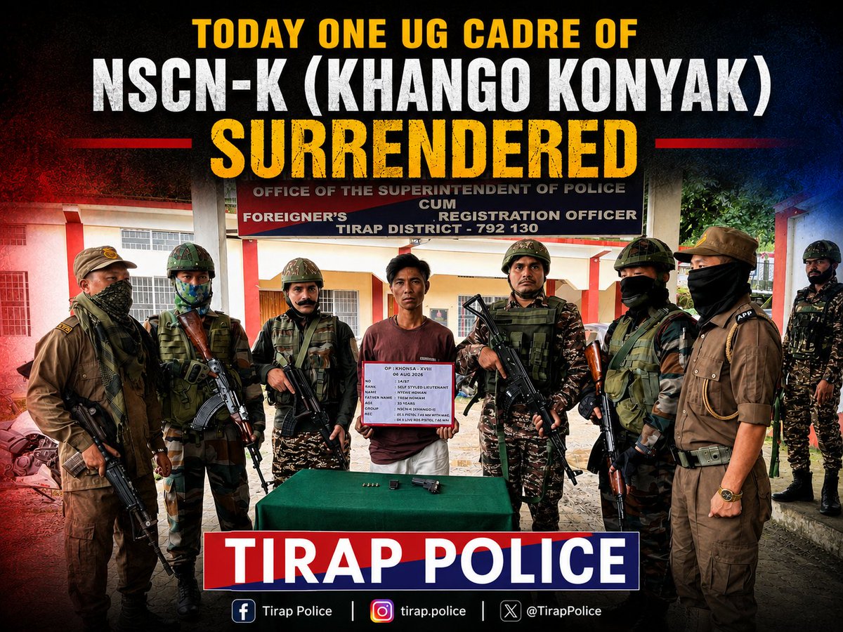 TirapPolice's tweet photo. On 04.08.2026, self-styled Lt. Hewan Boham (35) of NSCN-K (Khango Konyak) surrendered before Tirap Police, 44 Assam Rifles &amp; 36 Bn CRPF at SP Office, Khonsa. He also surrendered one 7.65 mm pistol and four live rounds of ammunition. #TirapPolice #ArunachalPradeshPolice https://t.co/g0Pt8yie9U