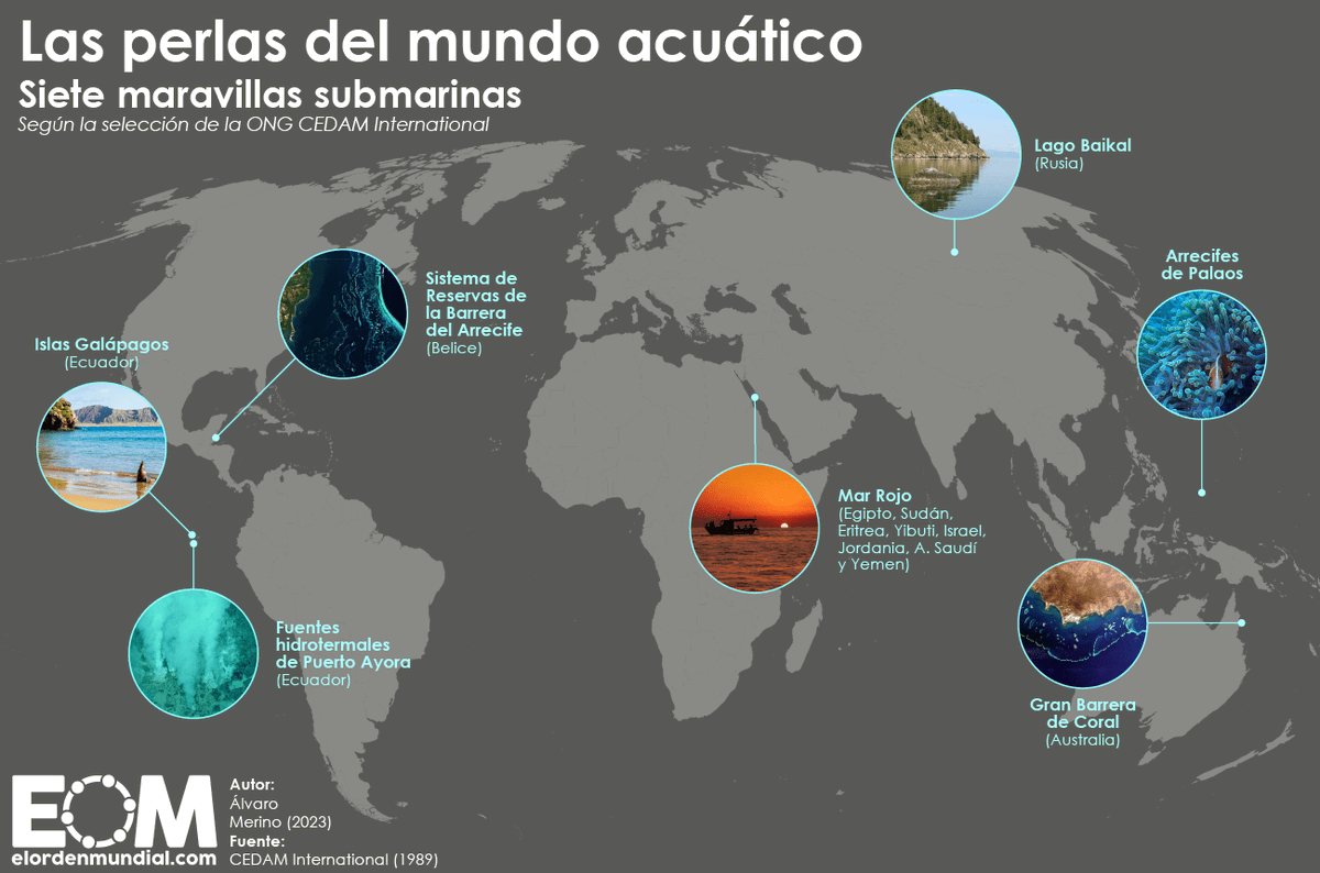 elOrdenMundial's tweet photo. Te traemos un mapa de maravillas del mundo... pero acuáticas 🌊

📝La lista incluye fuentes hidrotermales, lagos y varias de las barreras de coral más importantes y conocidas del planeta

🗺️¿Conocías las siete maravillas submarinas? ¿Incluirías alguna? ¡Te leemos! 👇

https://t.co/uQzVb5VWqD
