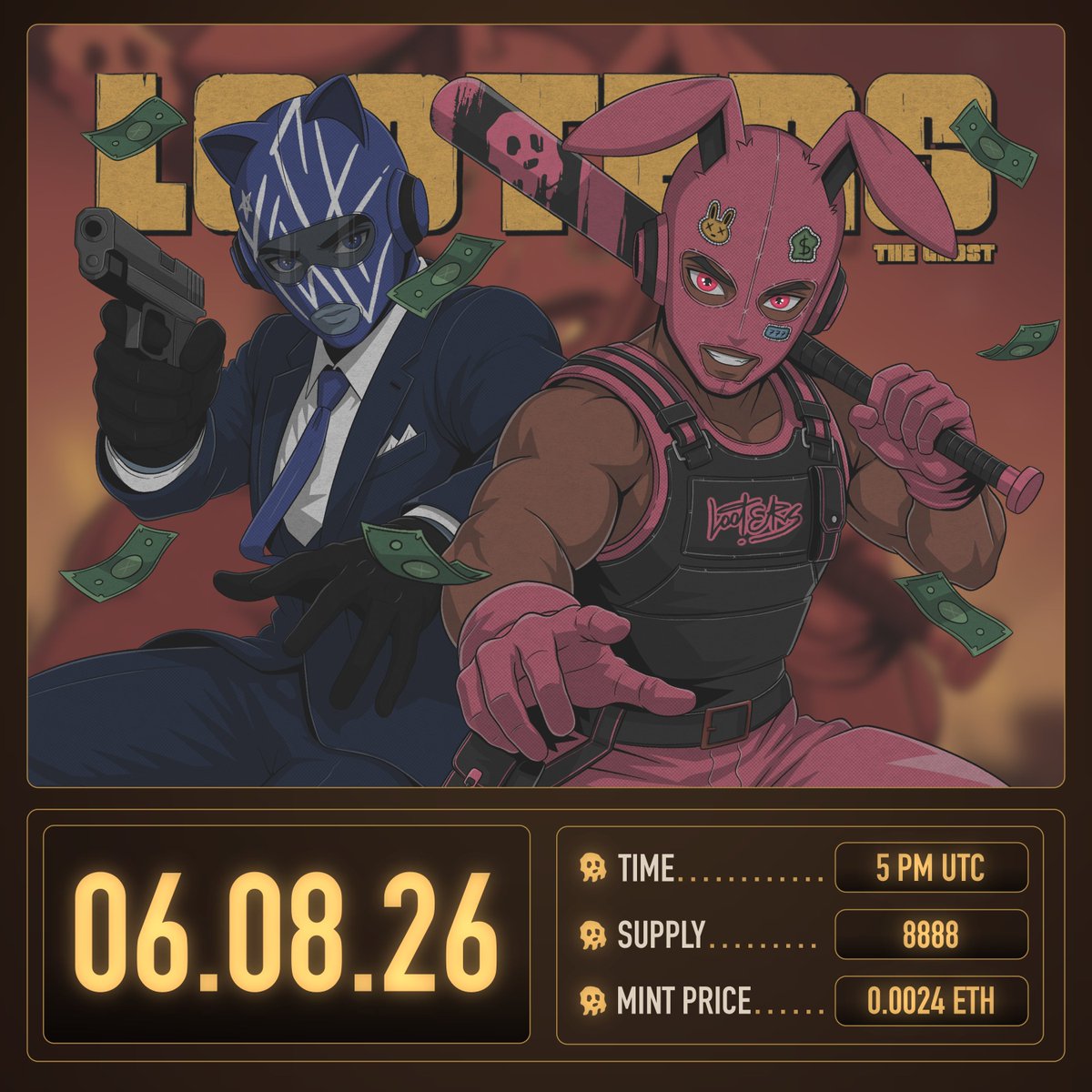 Looters_NFT's tweet photo. Mint in 48h - August 6 👻

Last 50 GTD spots, ends in 24h: https://t.co/pObH1dcbjj

5 PM UTC | 0.0024 ETH | GTD
6 PM UTC | 0.003 ETH | FCFS
7 PM UTC | 0.0034 ETH | PUBLIC

Mint link: https://t.co/9gfXTuXsZQ https://t.co/n5cTroLgDI