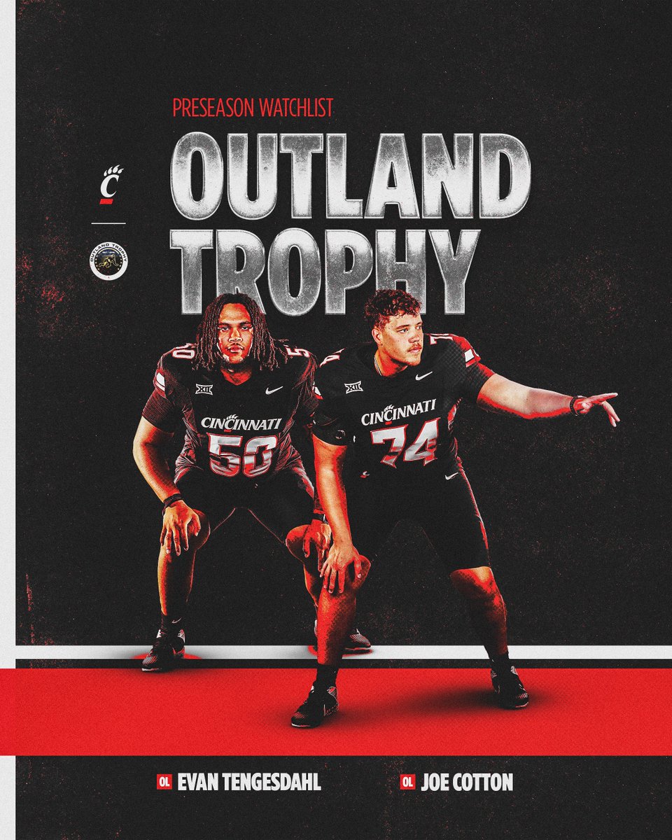 GoBearcatsFB's tweet photo. Evan Tengesdahl and Joe Cotton have been named to the 2026 Outland Trophy watch list

📰 » https://t.co/OYH80MTLCx https://t.co/OseSNVMcR6