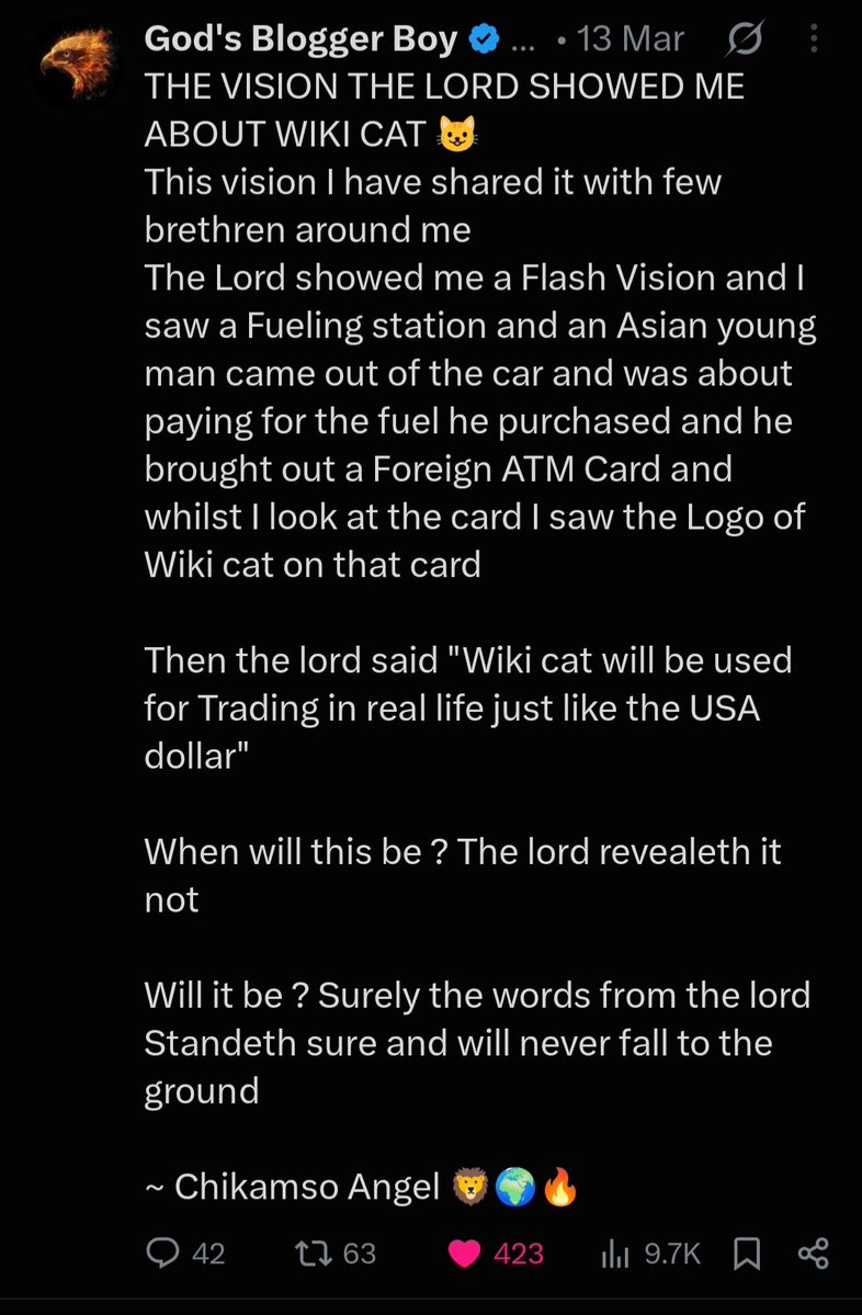ChikamsoAngel01's tweet photo. PROPHECY IS BEEN FULFILLED 🕊️🔥

AS IT SHOULD BE THE WORD OF THE LORD STANDETH SURE 

WIKI CAT 😺 ATM CARD IS COMING HOME 🔥🕊️🙌

THE LORD ALONE BE PRAISED 🙏 

CONGRATULATIONS 👏🎉 @smcdao Community and @sirmapy 

Thank you Jesus 🔥🙏 

~ Chikamso Angel 🕊️🔥🗞️ https://t.co/kAWPvOE8B1