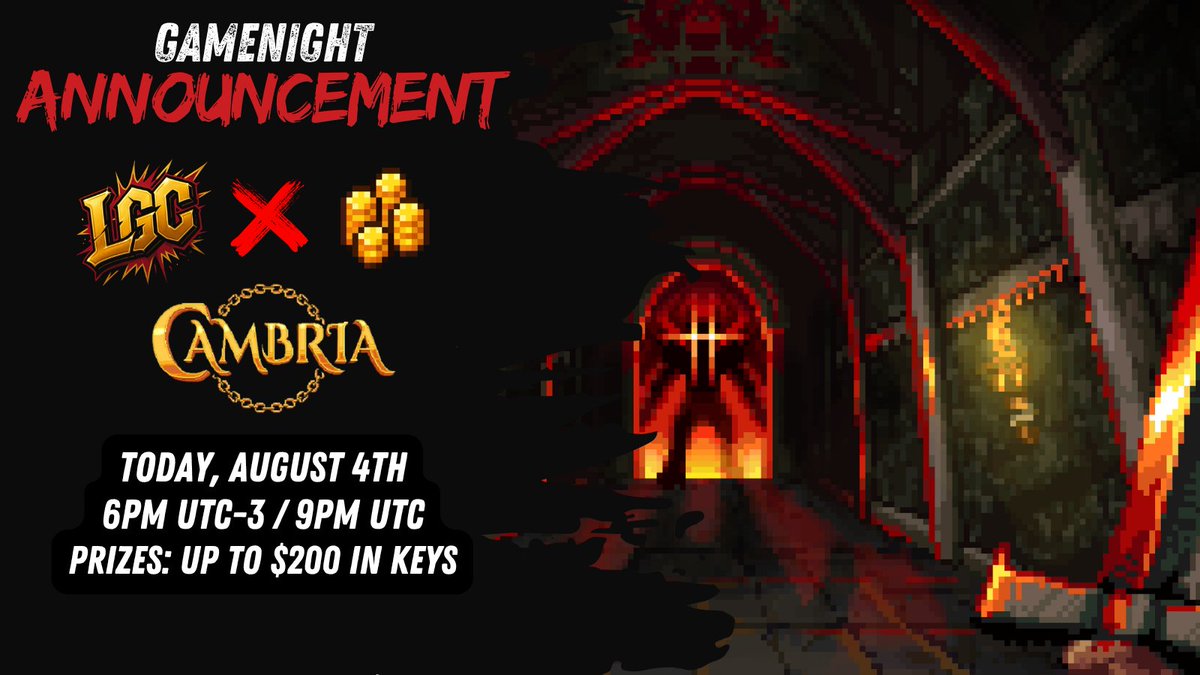 Lgc_GG's tweet photo. 🚨 GAMENIGHT ALERT 🚨
The dungeons are calling, and it's time to answer

Join us TODAY for an epic run through @playcambria  dungeons alongside the LegacyGG community. 
Prepare your weapons, fight your way through, and prey for some keys and good RNG.

📅 TODAY, August 4th
🕒 6PM UTC-3 / 9PM UTC
💰 Total Prizes: up to $200 in keys

How the rewards work:
🔹 $100 for the gamenight;
🔹 $100 for our ongoing community quest ( More Info Below )

So mark in your @cal3ndar_gg  and join our Discord

See you in the dungeon