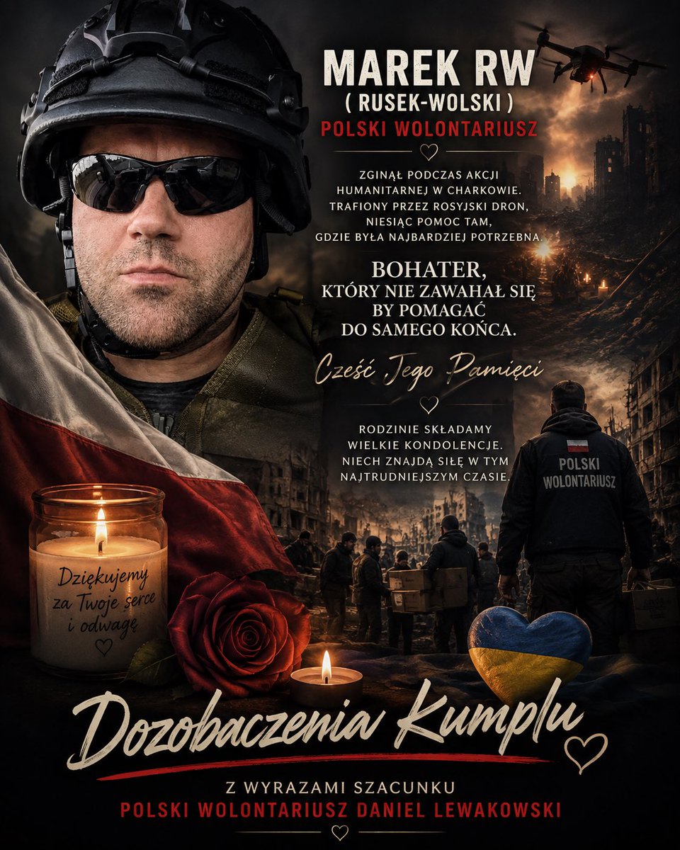 DanielPowerBus's tweet photo. Nie tak miało być…
Jechał tam, gdzie inni bali się pojechać. Nie po sławę. Nie dla pieniędzy. Pojechał, aby ratować ludzkie życie.

Marek RW (Rusek-Wolski) zginął w Charkowie, śmiertelnie trafiony przez rosyjski dron podczas akcji humanitarnej.

To pokazuje, że wolontariusze na wojnie każdego dnia ryzykują wszystko. Nie noszą munduru po to, by walczyć. Jadą z pomocą, lekami, żywnością i nadzieją. Niestety wojna nie wybiera swoich ofiar.

Tak właśnie jedna rodzina straciła syna, bliscy stracili przyjaciela, a my straciliśmy człowieka o wielkim sercu.

Jako wolontariusz wiem, czym jest dźwięk syren, wybuchów i dronów. Wiem, że każdy wyjazd może być tym ostatnim. Mimo to jedziemy, bo gdzieś po drugiej stronie są ludzie czekający na pomoc.

Marek zapłacił za swoją odwagę najwyższą cenę.

Rodzinie i bliskim składam najszczersze wyrazy współczucia. Nie ma słów, które ukoją taki ból.
Pamiętajcie jesteśmy z Wami 👊🫶

Do zobaczenia, Kumplu…
Niech Twoje dobre serce będzie pamiętane przez wszystkich, którym zdążyłeś pomóc.

Cześć Twojej pamięci.

🕯️🇵🇱 Szacunek Bohaterom 🫡🫡🫡🫡

#wolontariusz #polak #wojna #ukraina