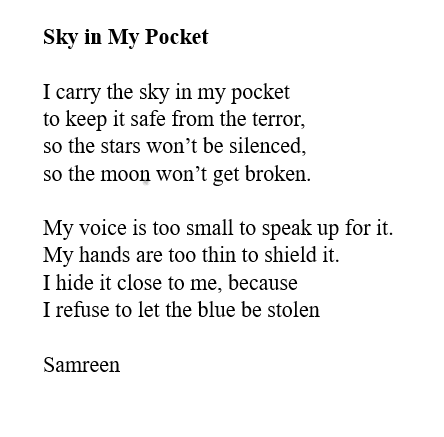 KateClanchy1's tweet photo. Five years ago, the Taliban came back to Afghanistan. A year later, Samreen lost her right to school and university, so she started educating herself using a second hand phone. Please tell her you like her poem. https://t.co/U5Cg6NQHRp
