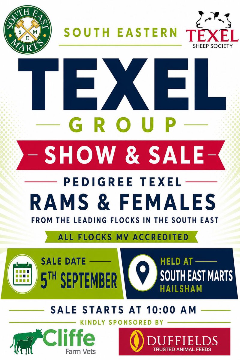 Cliffefarmvets's tweet photo. 🐑Texel Sale🐑

Cliffe are proud to be sponsoring the upcoming South Eastern Texel Sale. Make sure you get yourself down to South East Marts on the 5th September! https://t.co/6jlnUb3FGh